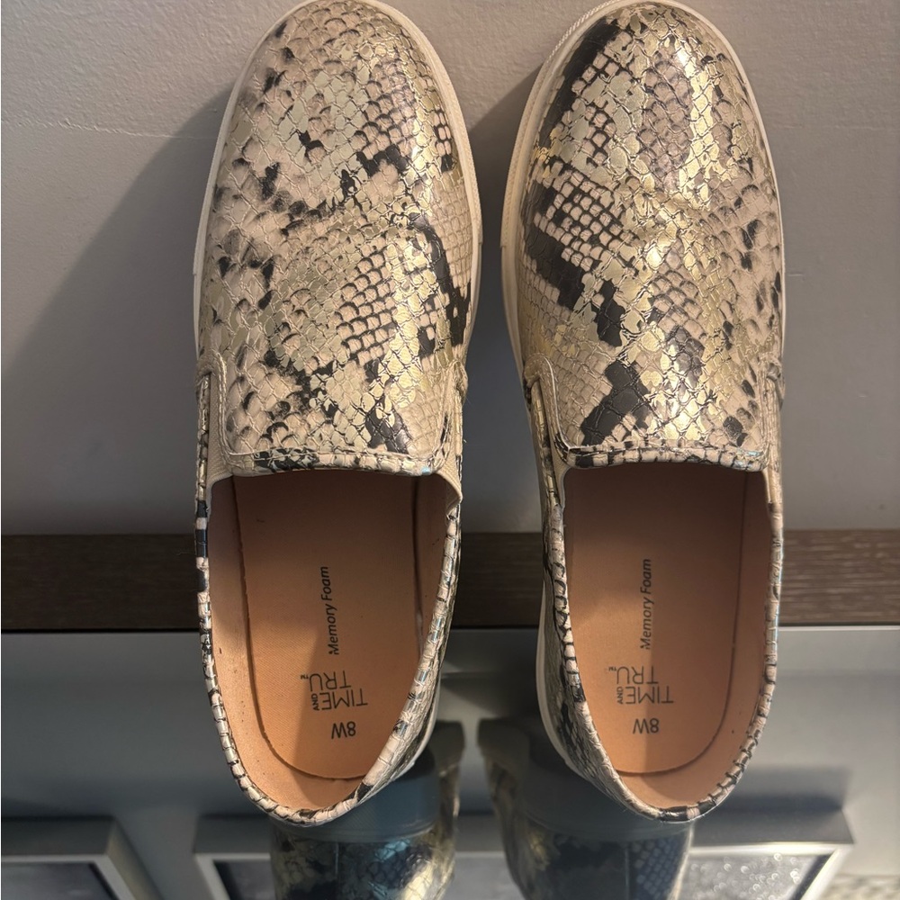 Time and Tru Gold and Black Flats with Snakeskin Pattern